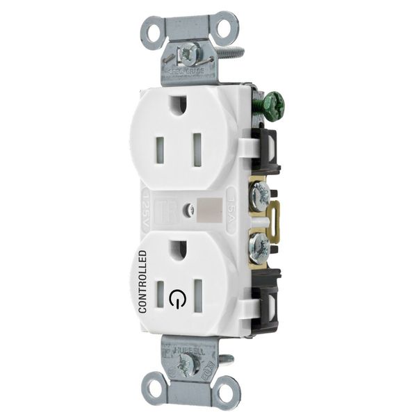 Hubbell Wiring Device-Kellems Straight Blade Devices, Receptacles, Duplex, 1/2 Load Controlled, 15A, 125V, 2 Pole, 3 Wire Grounding, Back and Side Wired, White BR15C1WHITR